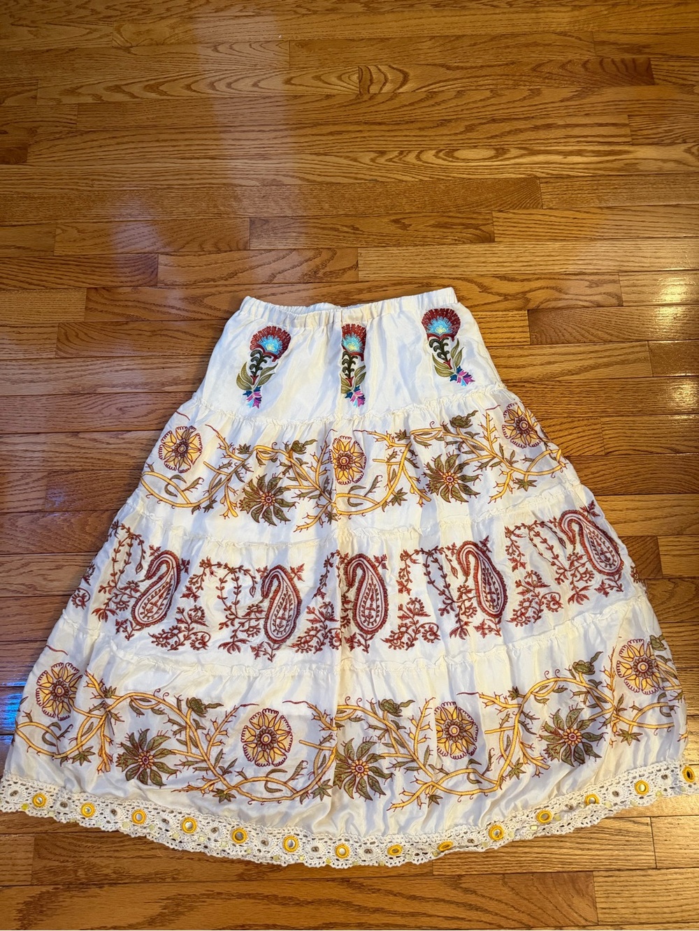 Boston Proper 100% Silk Embroidered multicolored flowy maxi skirt.Crotchet hem.